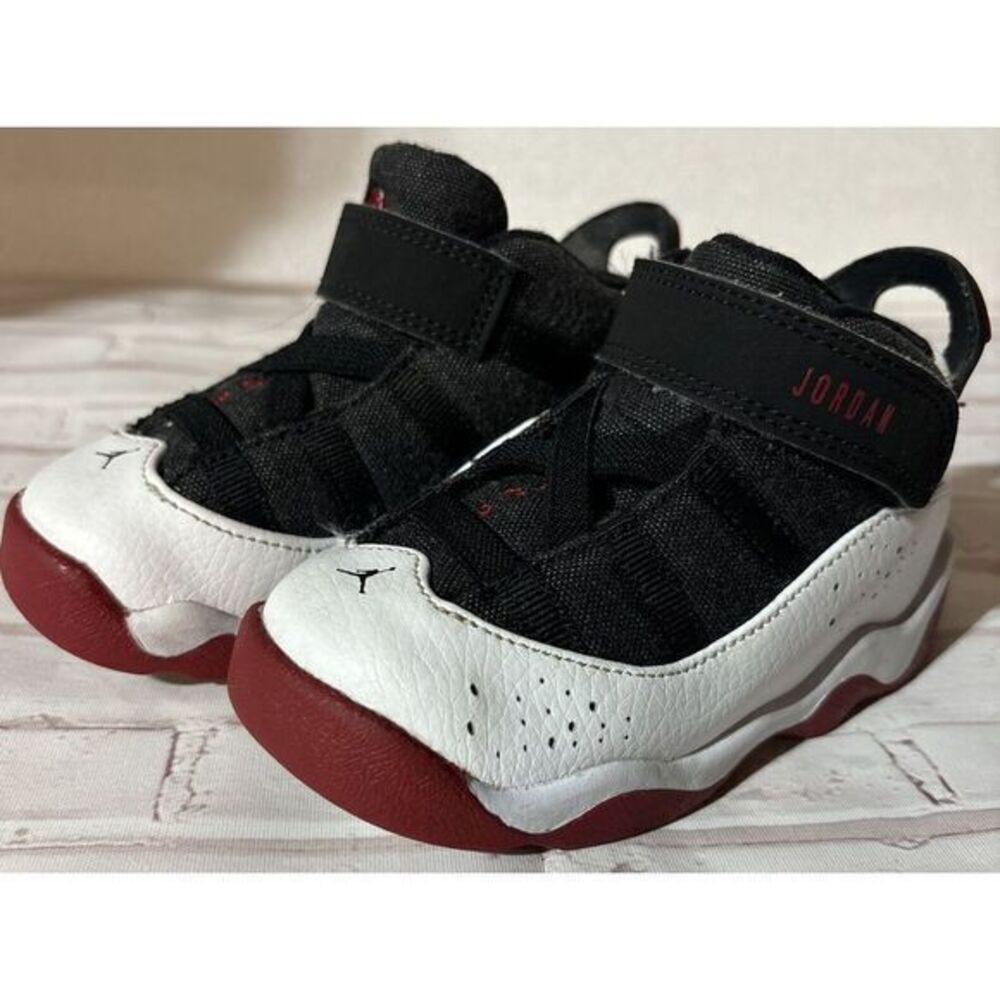 NIKE JORDAN 6 RINGS BLK/WHT/RED SNEAKER SHOES YOUTH SZ‎ 7C 323420-012 Excellent